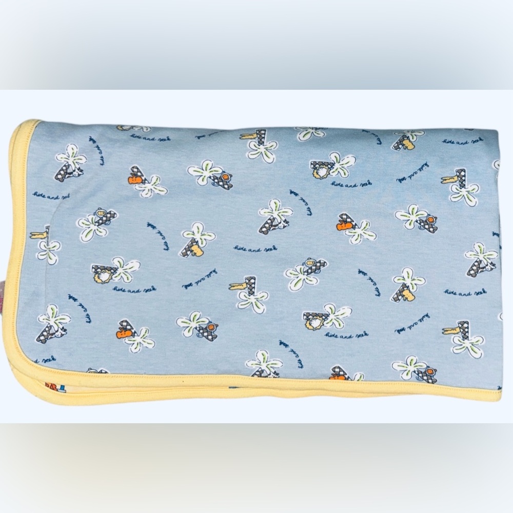 Vintage rainbow Gymboree Soft Blue Floral Print Baby Blanket with Yellow Trim